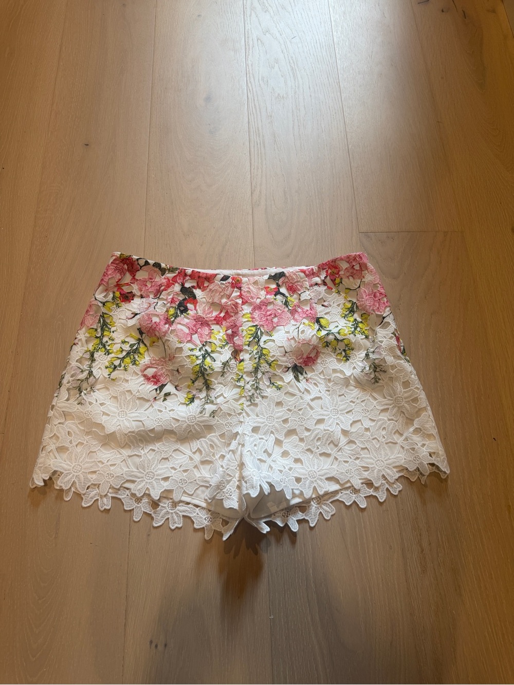 White Floral Lace Women's Shorts with Pink Embroidery
